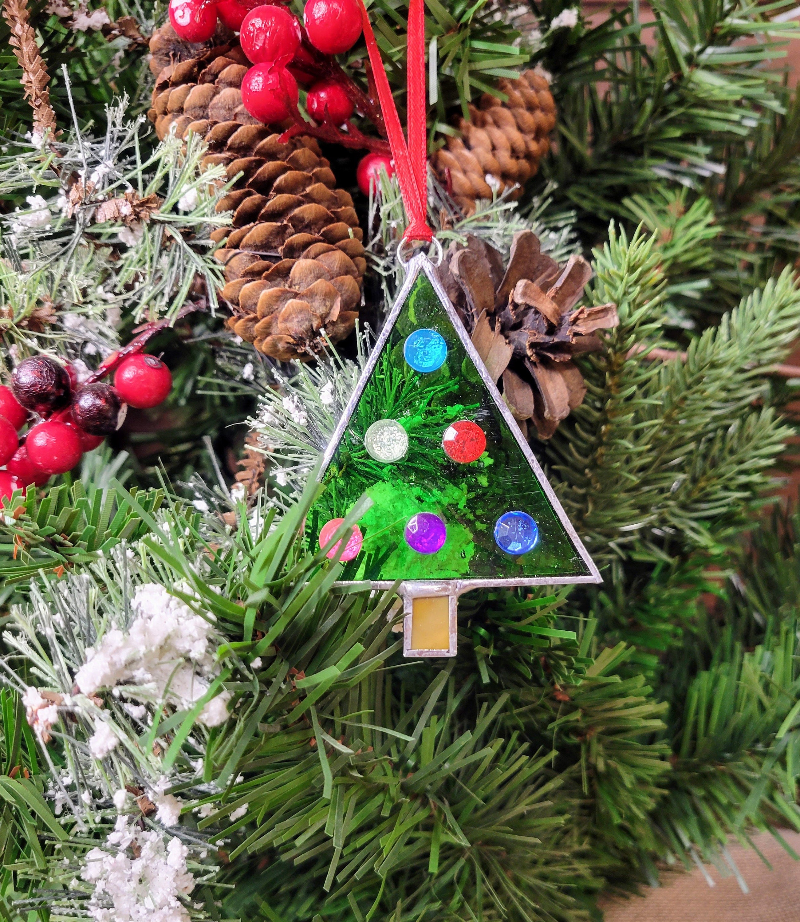 Elegant Handmade Stained Glass Christmas Tree Ornaments - Artisan Crafted for Festive Splendor