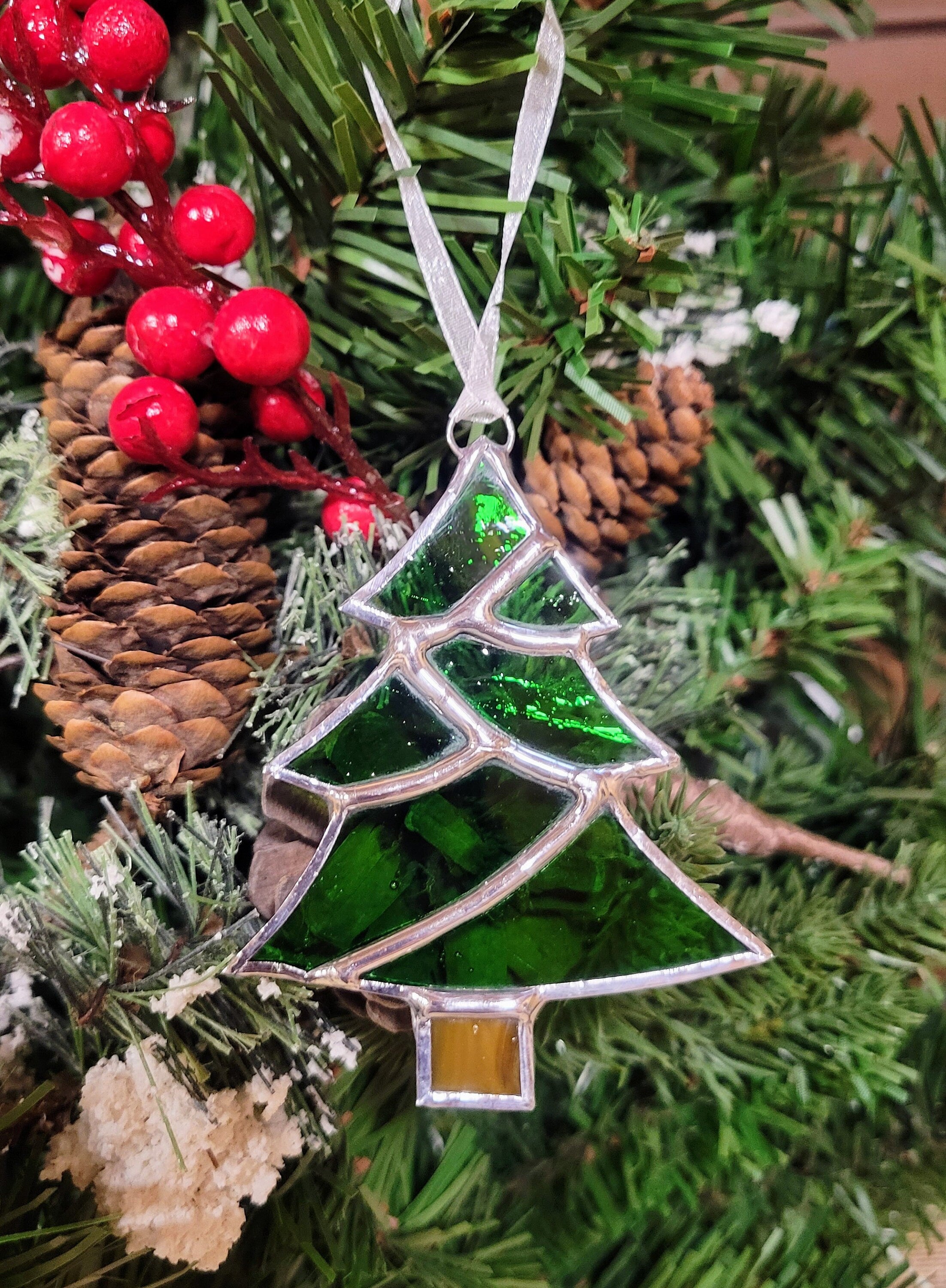 Elegant Handmade Stained Glass Christmas Tree Ornaments - Artisan Crafted for Festive Splendor