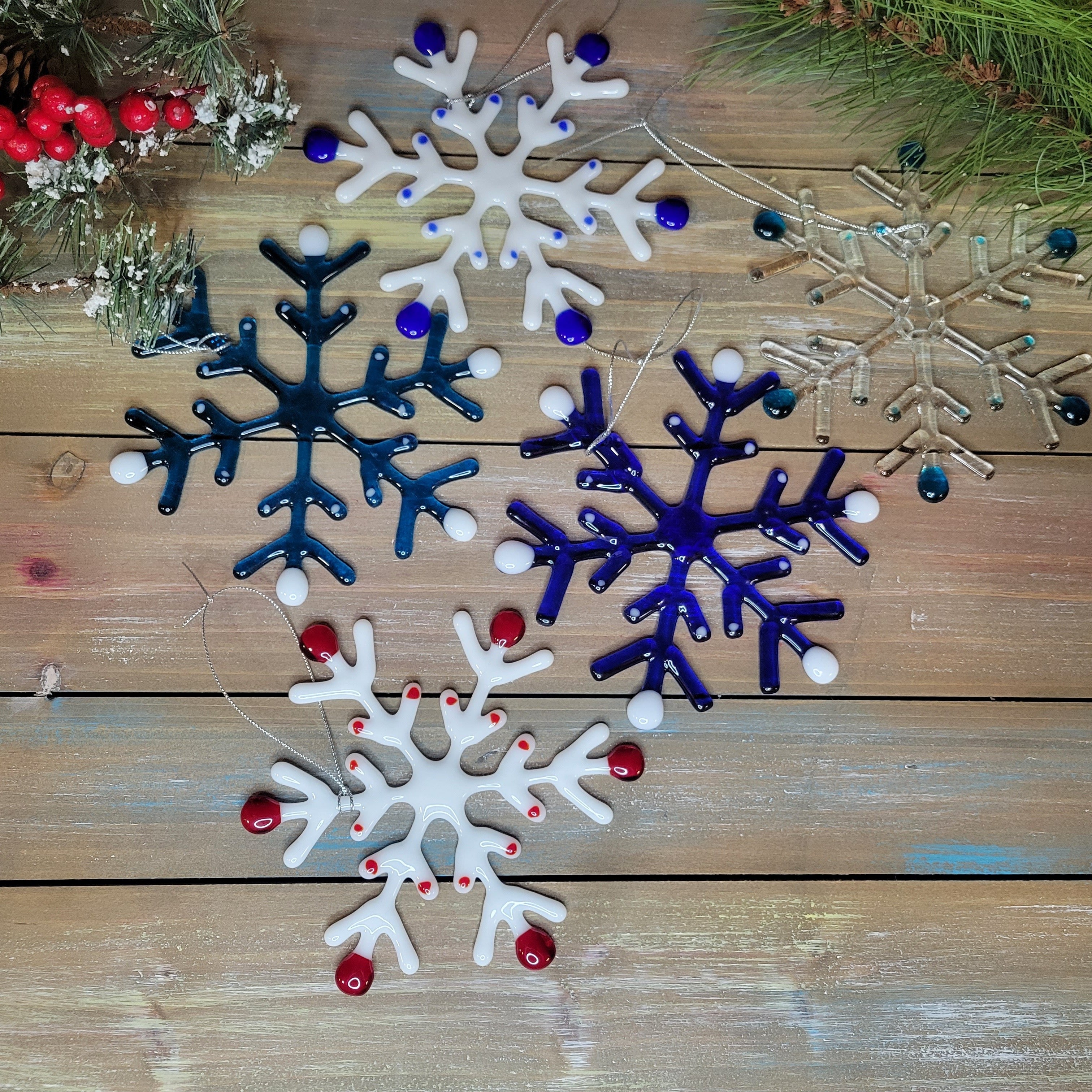 Handmade Fused Glass Snowflake Ornaments - various colors