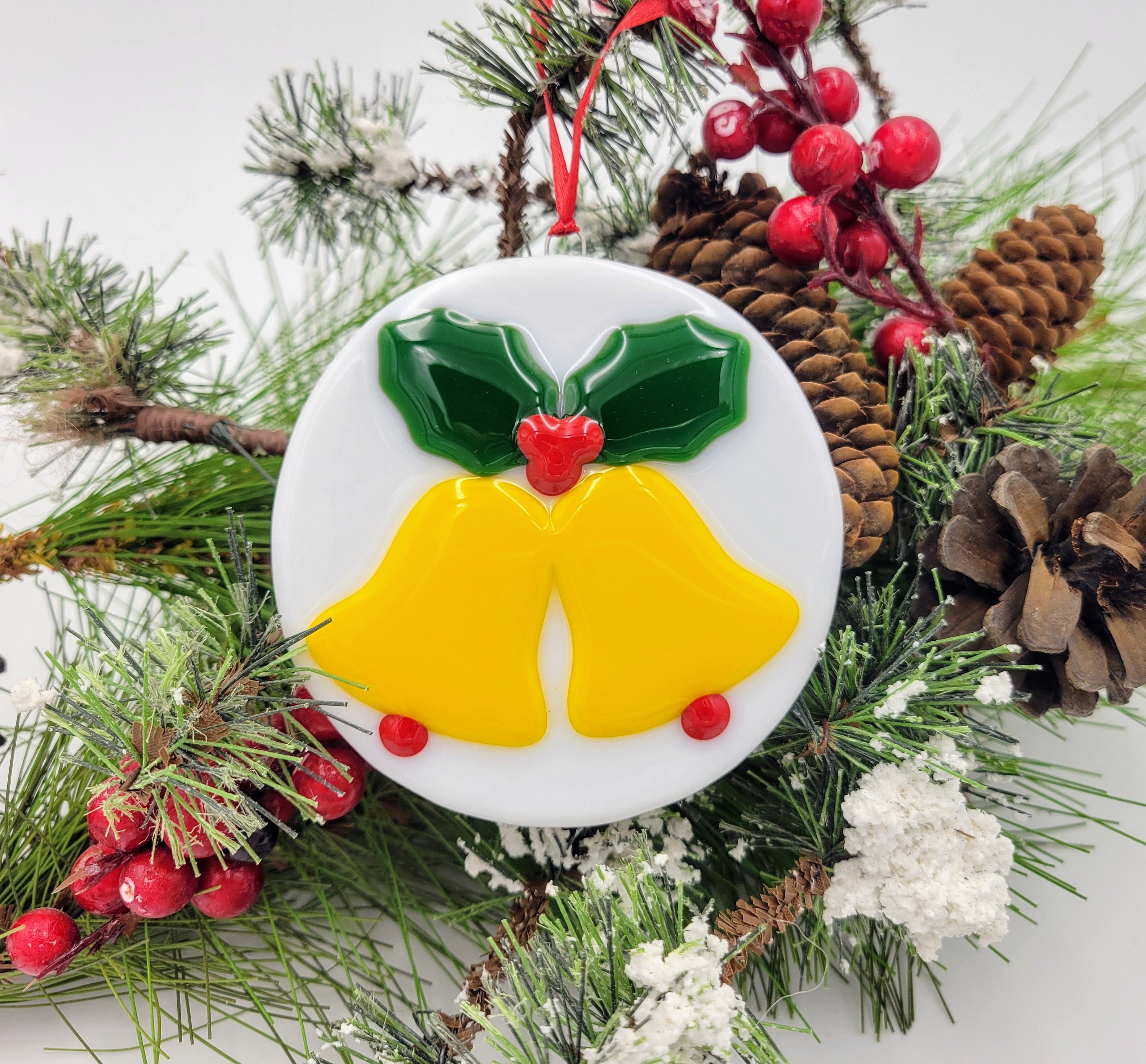 Handmade Fused Glass Christmas Ornament with bells & holly