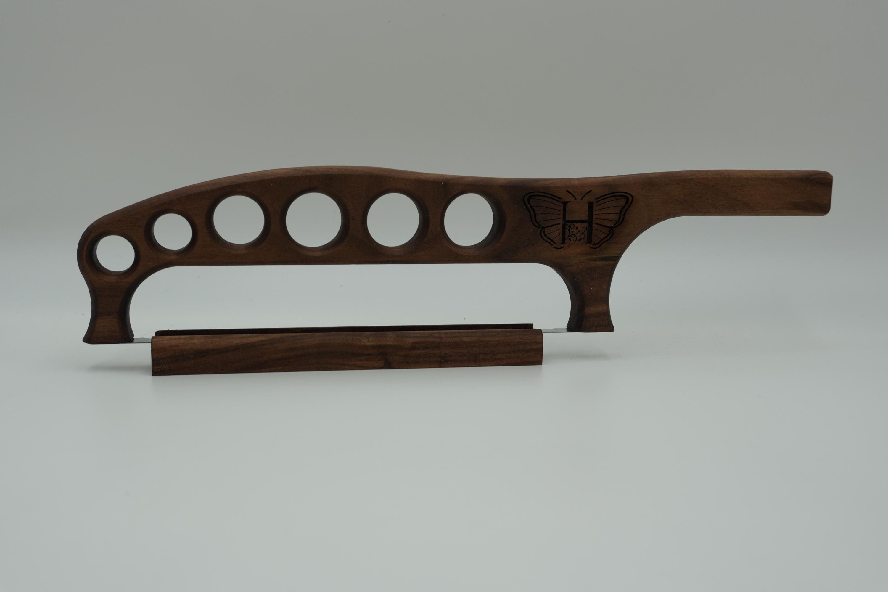 Handcrafted Walnut Bow Bread Knife with Magnetic Wooden Sheath and customized engraving – Artisan Bread Saw optional breadboard/tray