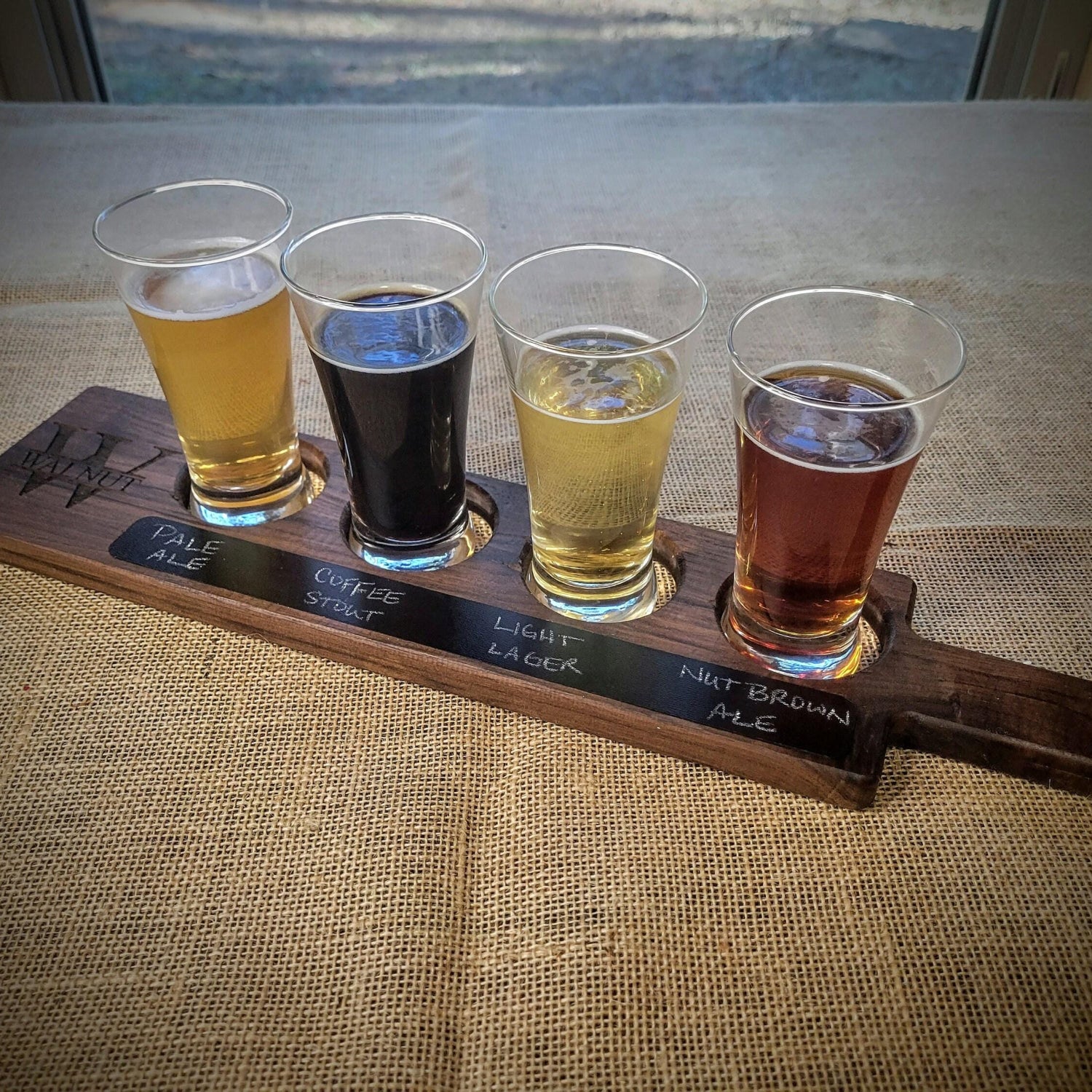 Beer flight paddle with  glasses and writing strip---- Walnut with personalized engraving