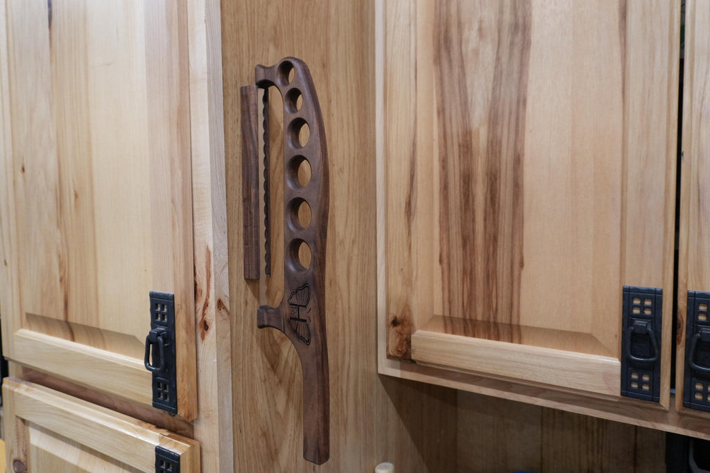 Handcrafted Walnut Bow Bread Knife with Magnetic Wooden Sheath and customized engraving – Artisan Bread Saw optional breadboard/tray