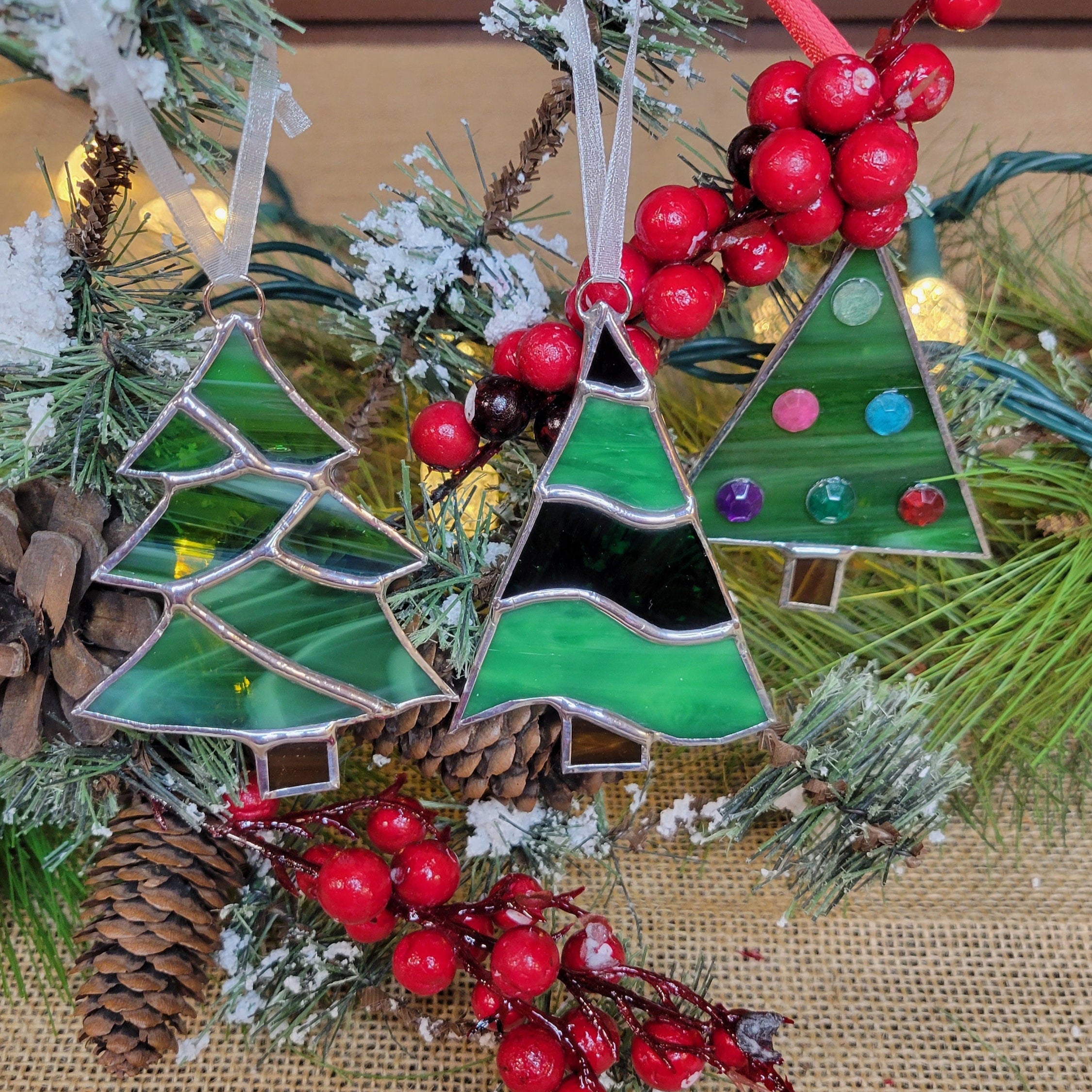 Elegant Handmade Stained Glass Christmas Tree Ornaments - Artisan Crafted for Festive Splendor