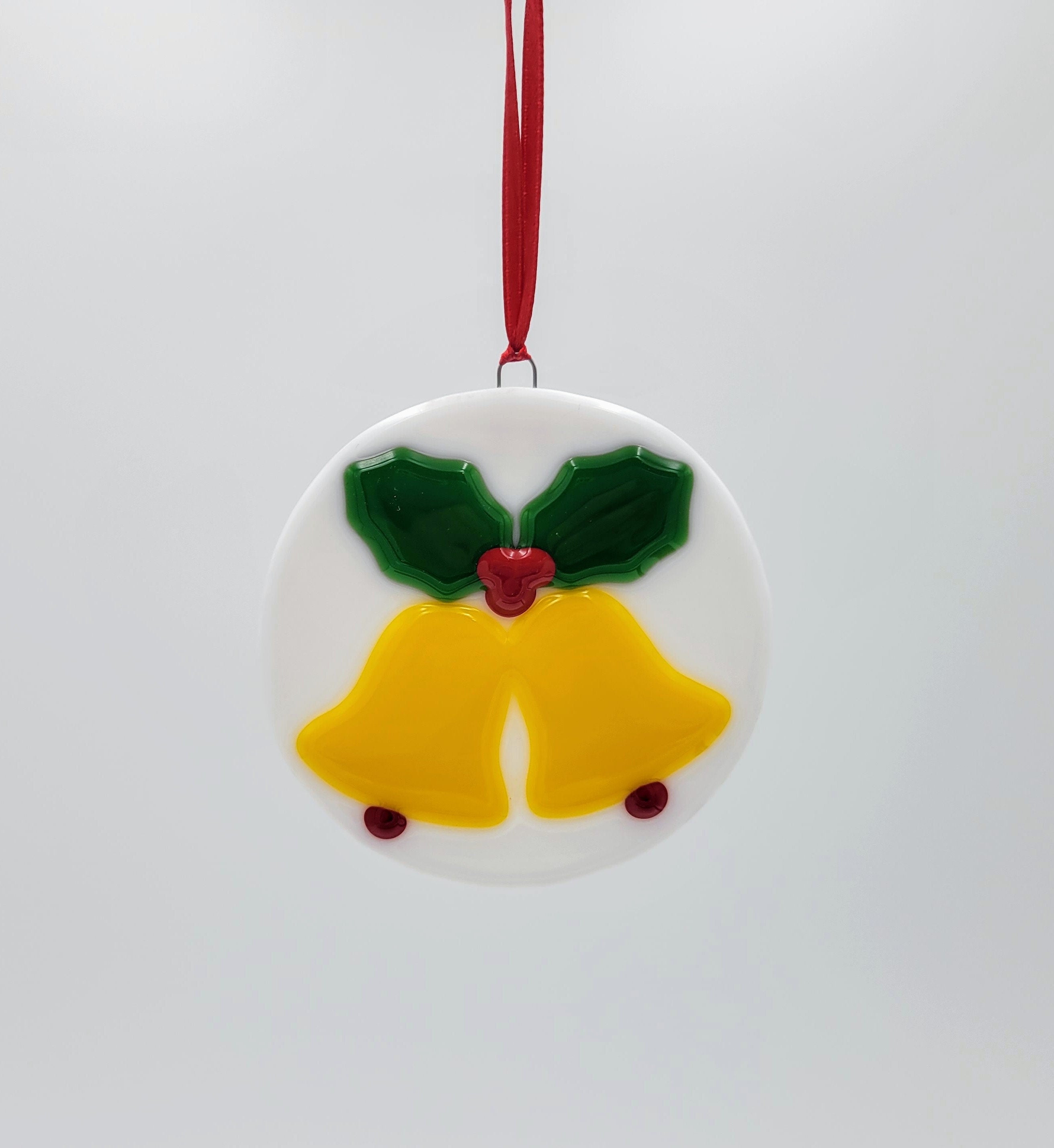 Handmade Fused Glass Christmas Ornament with bells & holly