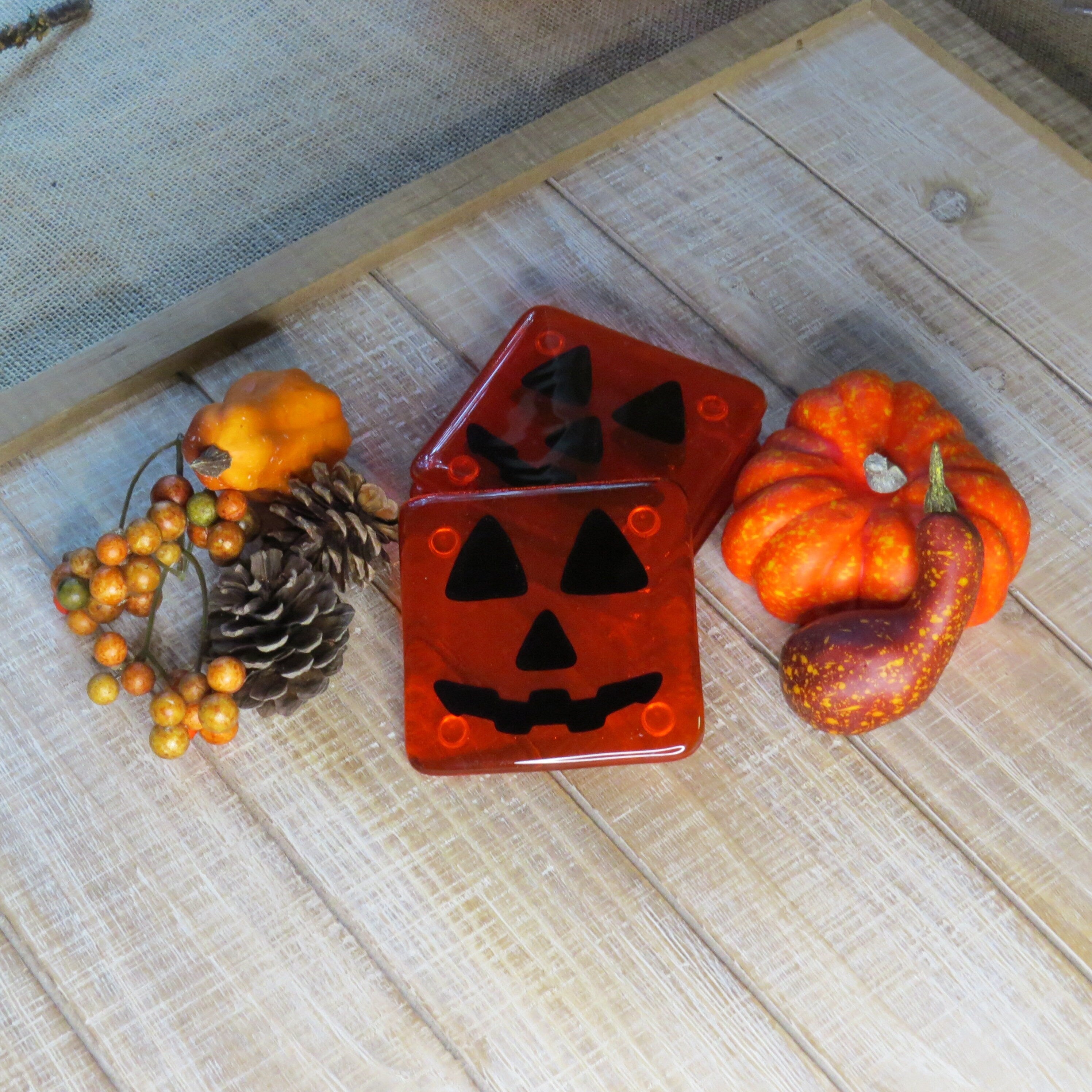 Spooky Elegance: Fused Glass Jack-o'-Lantern Coasters - Set of 4
