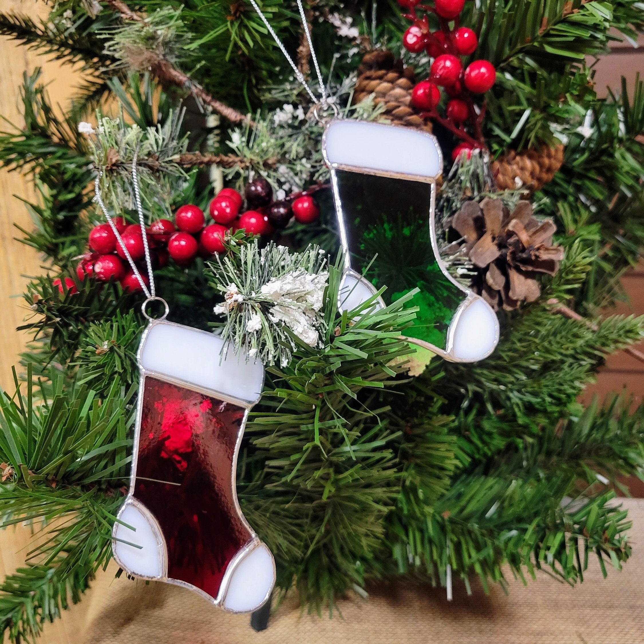 Whimsical Stained Glass Stocking Ornaments - Handcrafted Elegance for Your Holiday Cheer