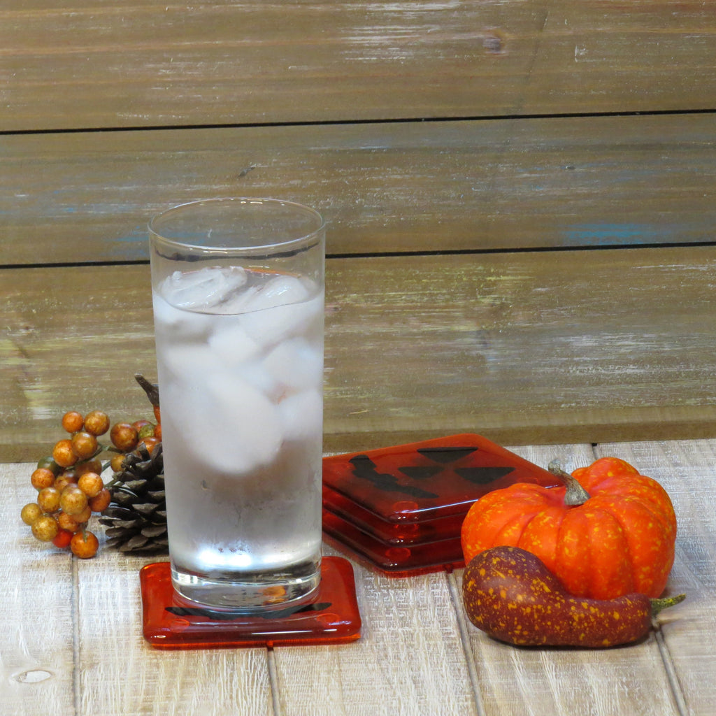 Spooky Elegance: Fused Glass Jack-o'-Lantern Coasters - Set of 4