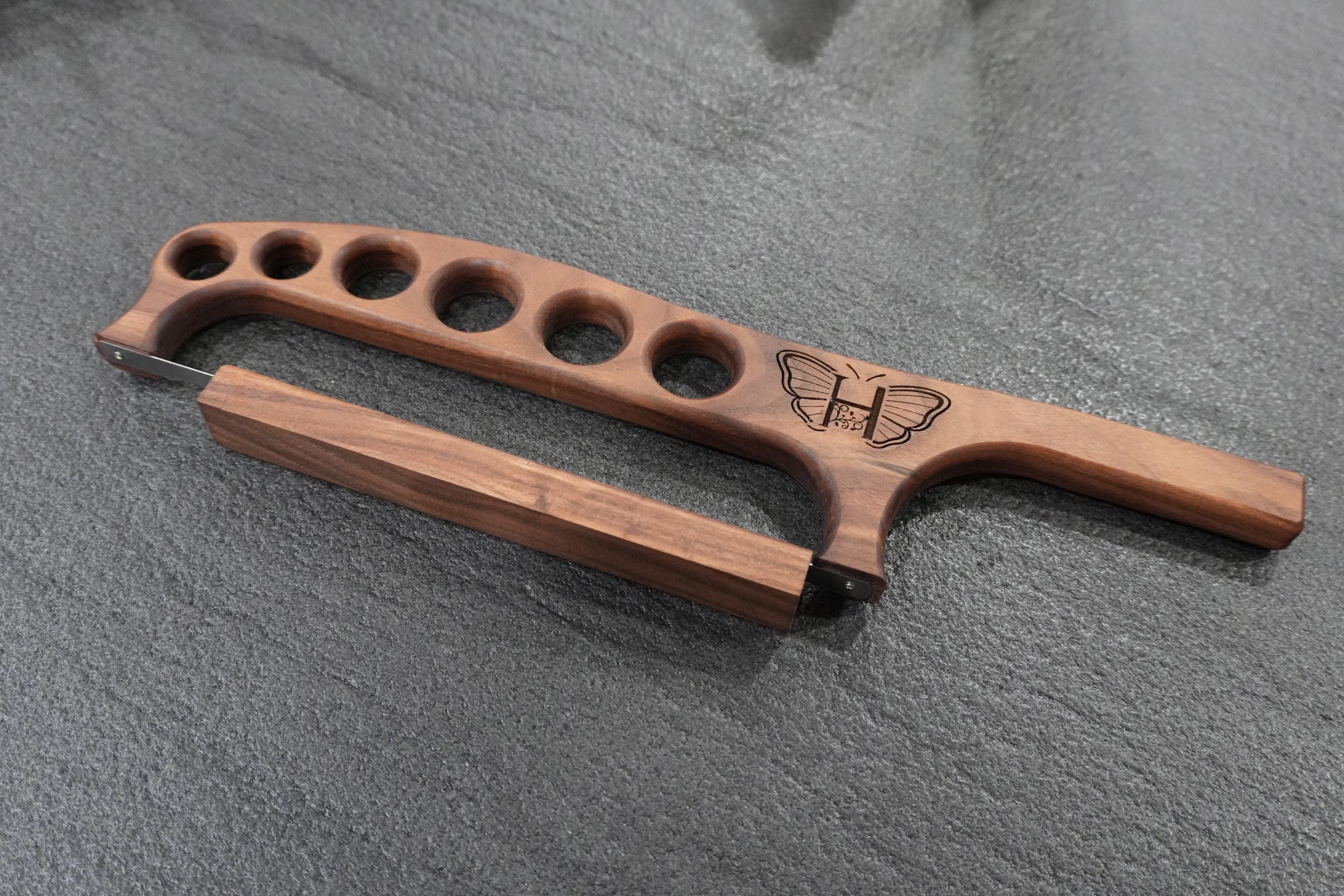 Handcrafted Walnut Bow Bread Knife with Magnetic Wooden Sheath and customized engraving – Artisan Bread Saw optional breadboard/tray