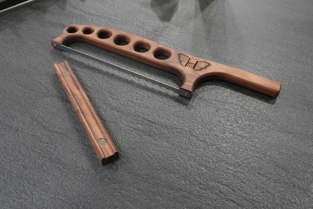 Handcrafted Walnut Bow Bread Knife with Magnetic Wooden Sheath and customized engraving – Artisan Bread Saw optional breadboard/tray