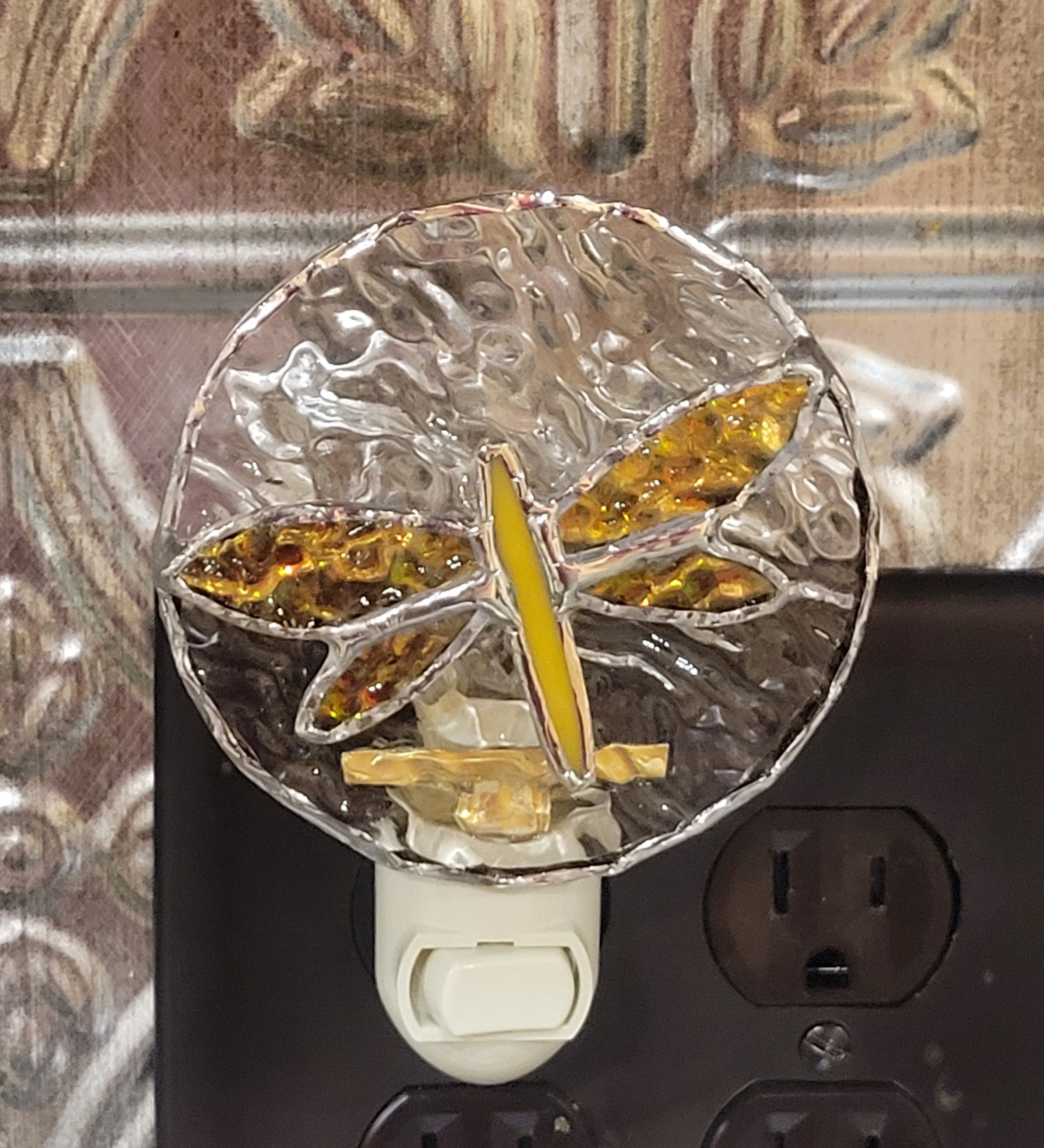 Illuminate Your Nights with the Enchanting Glow of our Small Stained Glass Dragonfly Night Light