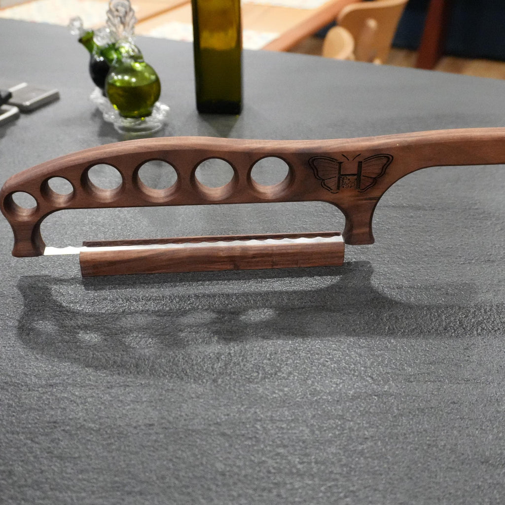 Handcrafted Walnut Bow Bread Knife with Magnetic Wooden Sheath and customized engraving – Artisan Bread Saw optional breadboard/tray